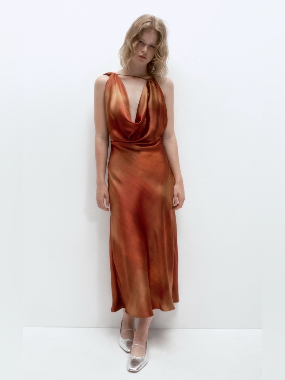 ZARA Satin Cowl Neck Maxi Dress — XS | Burnt Copper/Rust Evening Cocktail Fall